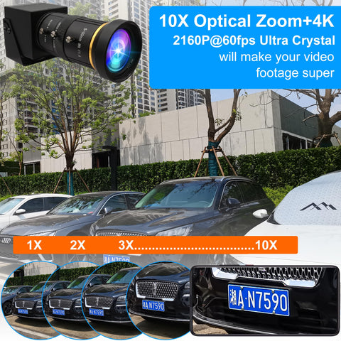 Legit Crisp 4K USB Camera Rock Solid Sixty Frames Output close-up with 10X optical zoom on parked cars and license plates.