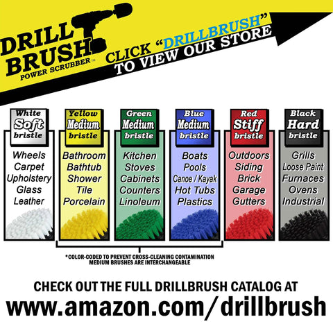 Drill Powered Outdoor Cleaning Brush Kit For Patio, Deck, Concrete And Gutters, showing brush types by color and use