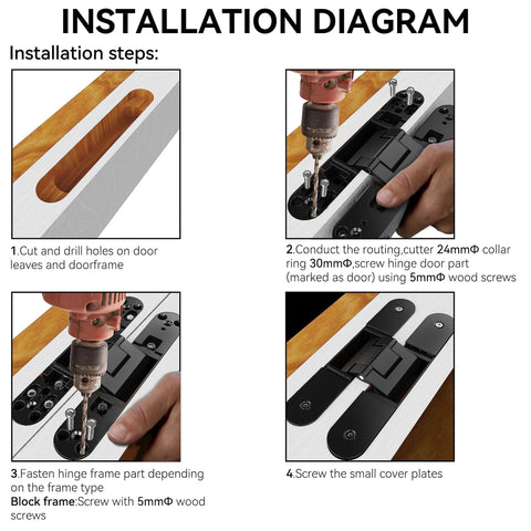 Installation diagram for Hidden Door Hinge Kit For Secret Doors With 3 Way Adjustable Concealed Hinges, Zinc Alloy, Black Finish, step-by-step process.