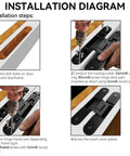 Installation steps for Sleek Hidden Door Hinges Pair 180 Degree Swing Zinc Alloy Concealed Hinge Kit, showing drilling and assembly.