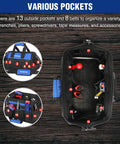 Top view of a 16 Inch Wide Mouth Tool Bag With Waterproof Molded Base, Heavy Duty 600D Polyester, showing secure pockets and tools inside.