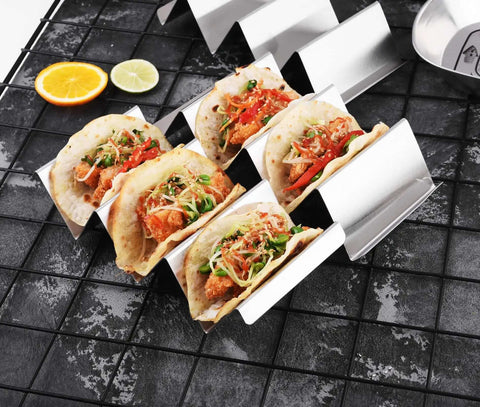 Stainless Steel Taco Holders 4 Pack holding tacos, durable taco stand rack tray style, oven safe, fits street tacos and large tortillas