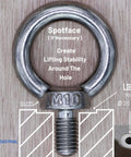 Close-up of Beefed Up Industrial Grade Stainless Steel Lifting Eye Bolt M10, showing spotface instructions, JIS B1168 certified.