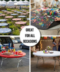 Ten Pack Black Round Plastic Table Covers For 60 Inch Tables Indoor Outdoor Fitted Covers 5 Feet Diameter with various event uses