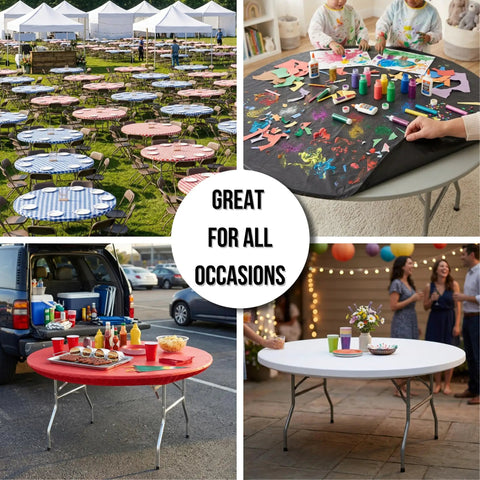 Ten Pack Black Round Plastic Table Covers For 60 Inch Tables Indoor Outdoor Fitted Covers 5 Feet Diameter with various event uses