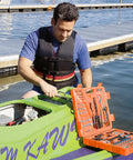 Man using 125 Piece Marine Tool Set in a Water Resistant Boat Tool Box Drop Forged Steel Chrome Plated for Rust Resistance Compact High Visibility Case