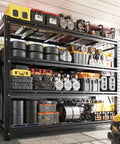 Heavy Duty Garage Shelving Rack With 5000 Lbs Capacity Industrial Steel Storage Shelves For Garage And Shop 60 Inch Wide 72 Inch High 18 Inch Deep Beefy Heavy Duty Steel Shelf System For Tools Bins Gear, loaded with bins and tires
