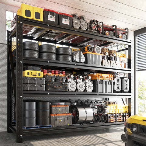 Heavy Duty Garage Shelving Rack With 5000 Lbs Capacity Industrial Steel Storage Shelves For Garage And Shop 60 Inch Wide 72 Inch High 18 Inch Deep Beefy Heavy Duty Steel Shelf System For Tools Bins Gear, loaded with bins and tires
