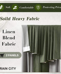 Extra Wide Linen Blackout Curtains With Hooks For Track System Sliding Doors, 2 Panels, Back Tab Pleated Drapes in Green
