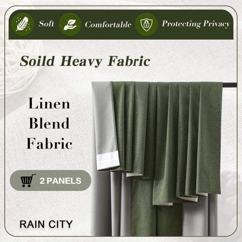 Extra Wide Linen Blackout Curtains With Hooks For Track System Sliding Doors, 2 Panels, Back Tab Pleated Drapes in Green