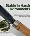 Close-up of Josun Sickle Hand Forged Weeding And Brush Clearing Tool With Razor Sharp Blade And Chestnut Wood Handle focus on clamp