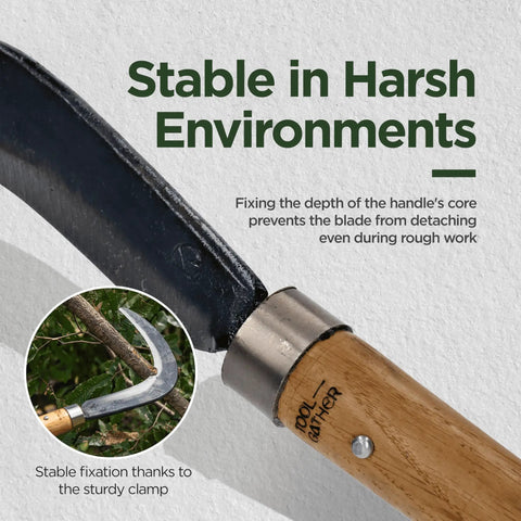 Close-up of Josun Sickle Hand Forged Weeding And Brush Clearing Tool With Razor Sharp Blade And Chestnut Wood Handle focus on clamp
