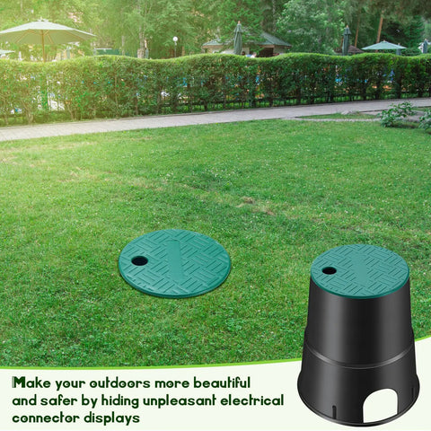 Three Pack 6 Inch Diameter Electrical Splice Boxes For Underground Outdoor Wiring Splices Black Durable Polyethylene Weatherproof Junction Enclosures For Outdoor Electrical Repairs And Splices shown in grass