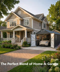 10x20 Foot Metal Garage Shed With Double Hinged Doors And Four Windows next to a house with a car parked inside