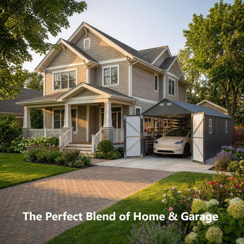10x20 Foot Metal Garage Shed With Double Hinged Doors And Four Windows next to a house with a car parked inside