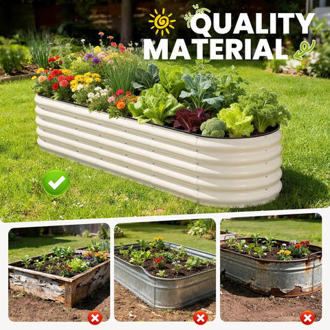 Beefy Heavy Duty Galvanized Round Metal Raised Garden Bed 8 Ft Long By 2 Ft Wide By 1.5 Ft High Outdoor Planter Box Open Bottom Rust Resistant Steel For Vegetables Herbs Flowers Easy Assembly installed with plants in a garden