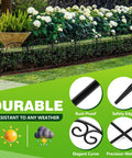 Tall Decorative Metal Garden Fence Panels 24.5 Inch High 10.8 Foot Long 10 Pack Arched Black Fence For Dog Yard Patio Outdoor Decor Expandable Flexible Barrier installed along flower beds with durability features displayed.