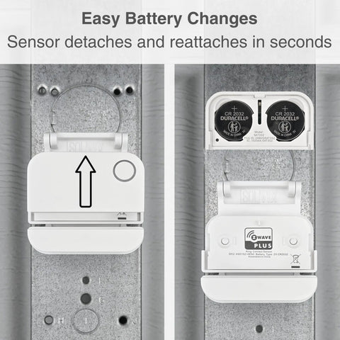 Two open garage door brackets showing battery compartments, part of Garage Door Bracket Mount For Alarm Contact Sensors Gen 2 Sensor Not Included.
