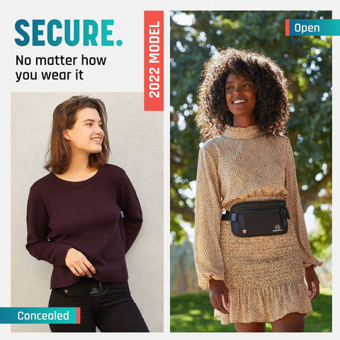 Travel Money Belt Hidden Under Clothes Must Have RFID Blocking Passport Holder And Slim Waist Wallet Pouch for women wearing it concealed and open