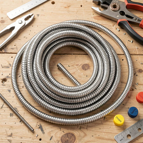 Top Notch Flexible Stainless Steel Wire Loom Sleeve For Heavy Duty Cable Management Easy Bend on wooden workbench.