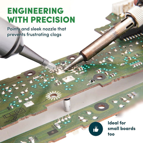 Close-up of Handheld No Power Needed Desoldering Sucker With Silicone Tip Self Cleaning Solder Vacuum Pump on circuit board