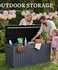 Extra Large 120 Gallon Outdoor Storage Deck Box With No Sweat Hydraulic Lift Lid used by family for pool accessory organization.