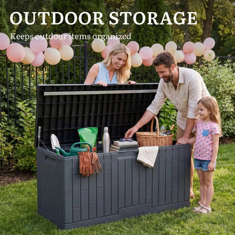 Extra Large 120 Gallon Outdoor Storage Deck Box With No Sweat Hydraulic Lift Lid used by family for pool accessory organization.
