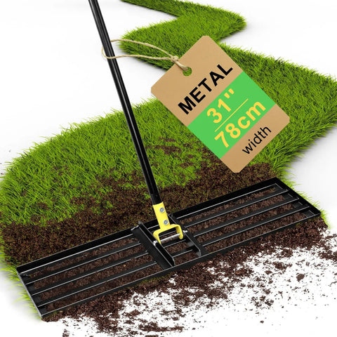 Heavy Duty Lawn Leveling Rake With 72 Inch Long Handle And 31 Inch Head Smooths Uneven Grass Fills Holes Level Soil Ergonomic Curved End Grip