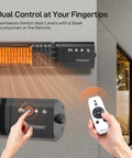 Infrared Patio Heater 1500W With Remote installed on wall, showing control panel and remote for indoor outdoor heating.