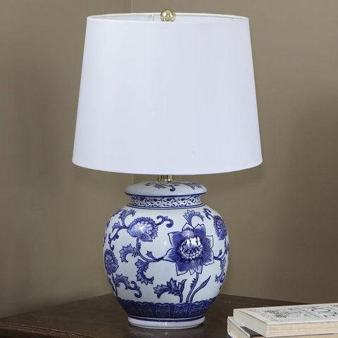 Blue and White Floral Ceramic Table Lamp With White Cotton Shade Small Size On Off Switch 60W Max Bulb For Bedroom Nightstand