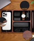 Acacia Wood Leather Valet Tray With Charging Port Multi Space Desk Organizer for Nightstand with phone, watch, keys, glasses.