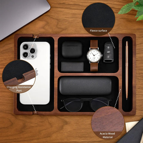 Acacia Wood Leather Valet Tray With Charging Port Multi Space Desk Organizer for Nightstand with phone, watch, keys, glasses.