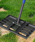 Heavy Duty Lawn Leveling Rake 6 Ft Metal Leveler with 17x10 Inch Head on grass, upgraded round corner, lightweight tool for yards