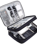 Waterproof Double Layer Electronics Organizer Bag For Cables Chargers Power Banks Adapters USB Cables Kindle Hard Drives And More Portable Travel Case On The Go With Adjustable Dividers, open view displaying organized tech items.