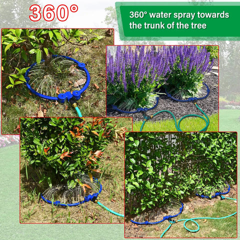360 Degree Tree Watering Ring Kit For New Trees And Shrubs With Y Hose Splitter, Smart Drip Irrigation shown in garden setup