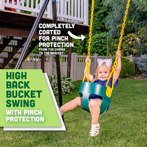 Child enjoying Deluxe High Back Bucket Toddler Swing With Pinch Free Design And Safe Chain, Triangle Guard, Green Outdoor Playset