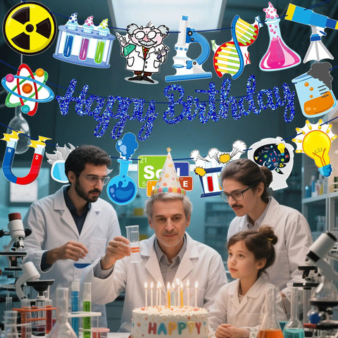 Blue Science Birthday Party Banner Set With Chemistry Lab Elements Garlands Featuring Test Tubes DNA Strands Microscope And Periodic Table Decor for Kids