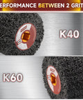40 Grit Burnishing Wheel For Wood And Metal Surface Conditioning, 120mm Diameter, showing contrast between grit levels K40 and K60