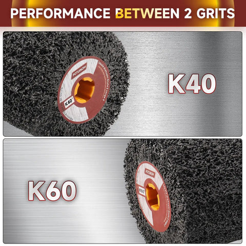 40 Grit Burnishing Wheel For Wood And Metal Surface Conditioning, 120mm Diameter, showing contrast between grit levels K40 and K60