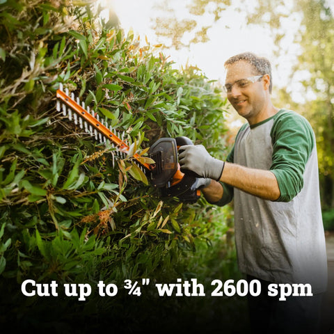 Man trimming hedge with 22 Inch Cordless Hedge Trimmer With Dual Action Blades, Lightweight 5.5 Lbs Yard Tool, Long Reach Trimmer