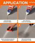Application steps for No Sweat Dark Gray Crack Filler For Concrete Repair And Garage Floors With Natural Finish.