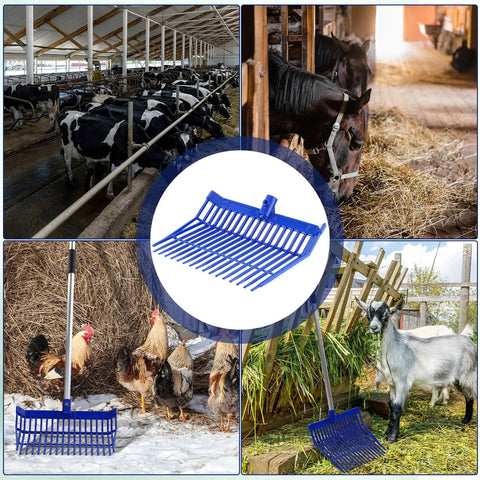Six Pack Replacement Manure Fork Heads With 18 Tines for horse stall cleanup, blue ABS pitch forks, farm and barn scenes.