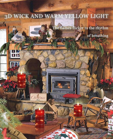 Red Flameless LED Pillar Candles With String Lights Set Of 3 Battery Operated Candles in cozy Christmas decor scene