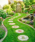 Octagonal Stepping Stone Mold Set on a garden path with decorative images, surrounded by flowers and a water feature.