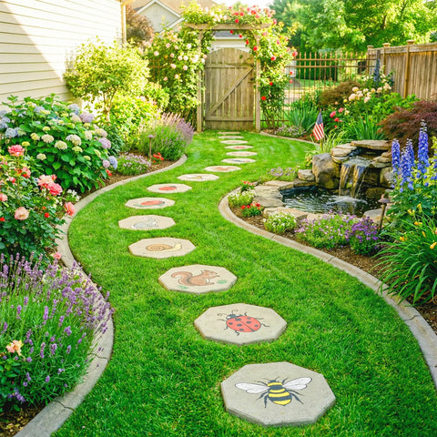 Octagonal Stepping Stone Mold Set on a garden path with decorative images, surrounded by flowers and a water feature.
