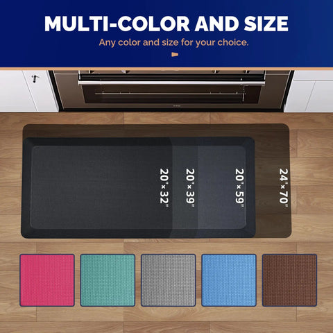 Extra Thick Anti Fatigue Desk Mat For Standing With Memory Foam, Ergonomic Comfort For Home And Office All Day, Large 20 By 59 Inch Black Standing Mat With Cushioned Support For Feet, Knees And Lower Back shown with size and color options in a kitchen setting.