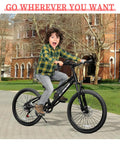 Child riding Kids Mountain Bike 20 To 24 Inch With Front Suspension 7 Speeds Dual Disc Brakes Anti Slip Butyl Tires. Building background.