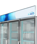 Heavy Duty Triple Glass Door Upright Freezer Merchandiser In Crisp White 52 Cubic Feet Commercial Display Cooler showing top view with blue logo.