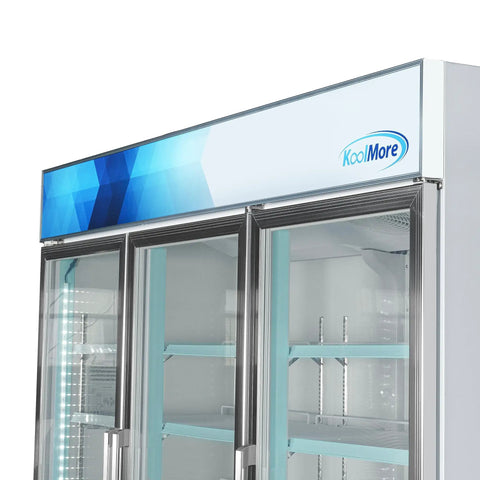 Heavy Duty Triple Glass Door Upright Freezer Merchandiser In Crisp White 52 Cubic Feet Commercial Display Cooler showing top view with blue logo.