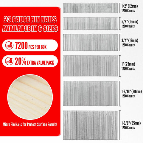 7200 Piece 23 Gauge Pin Nails In Six Assorted Lengths For Pneumatic Tools showing various lengths and packaging details.